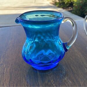 Empoli Diamond optic sugar & creamer set hand blown glass peacock blue turquoise